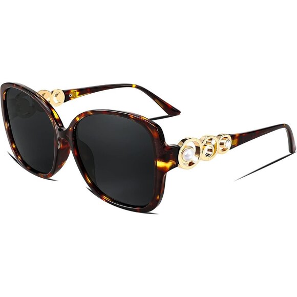 Women's Fashion Square Sunglasses Brown Frame Pearl Sparkling Eyes Protection - Picture 1 of 9